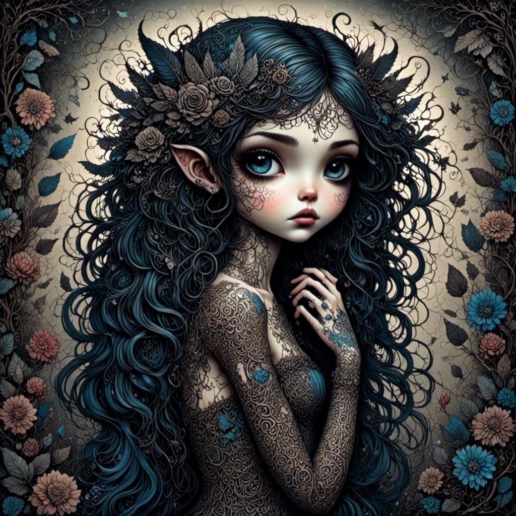 Fallen Angel with Celestial Tattoos in Watercolor Style