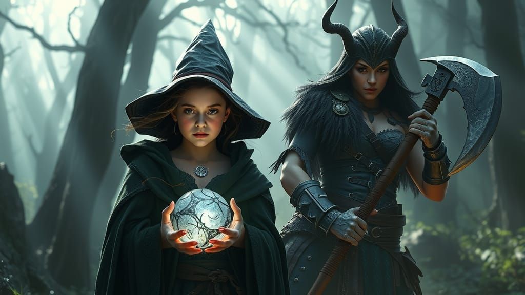 Witch and Barbarian Warrior in Ancient Forest