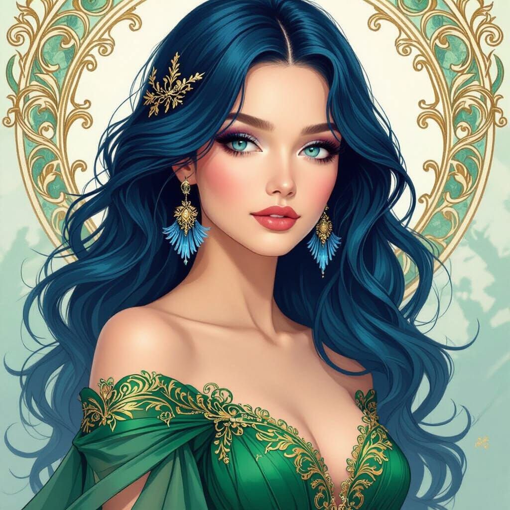 Ethereal Woman in Emerald Gown, Art Nouveau Style