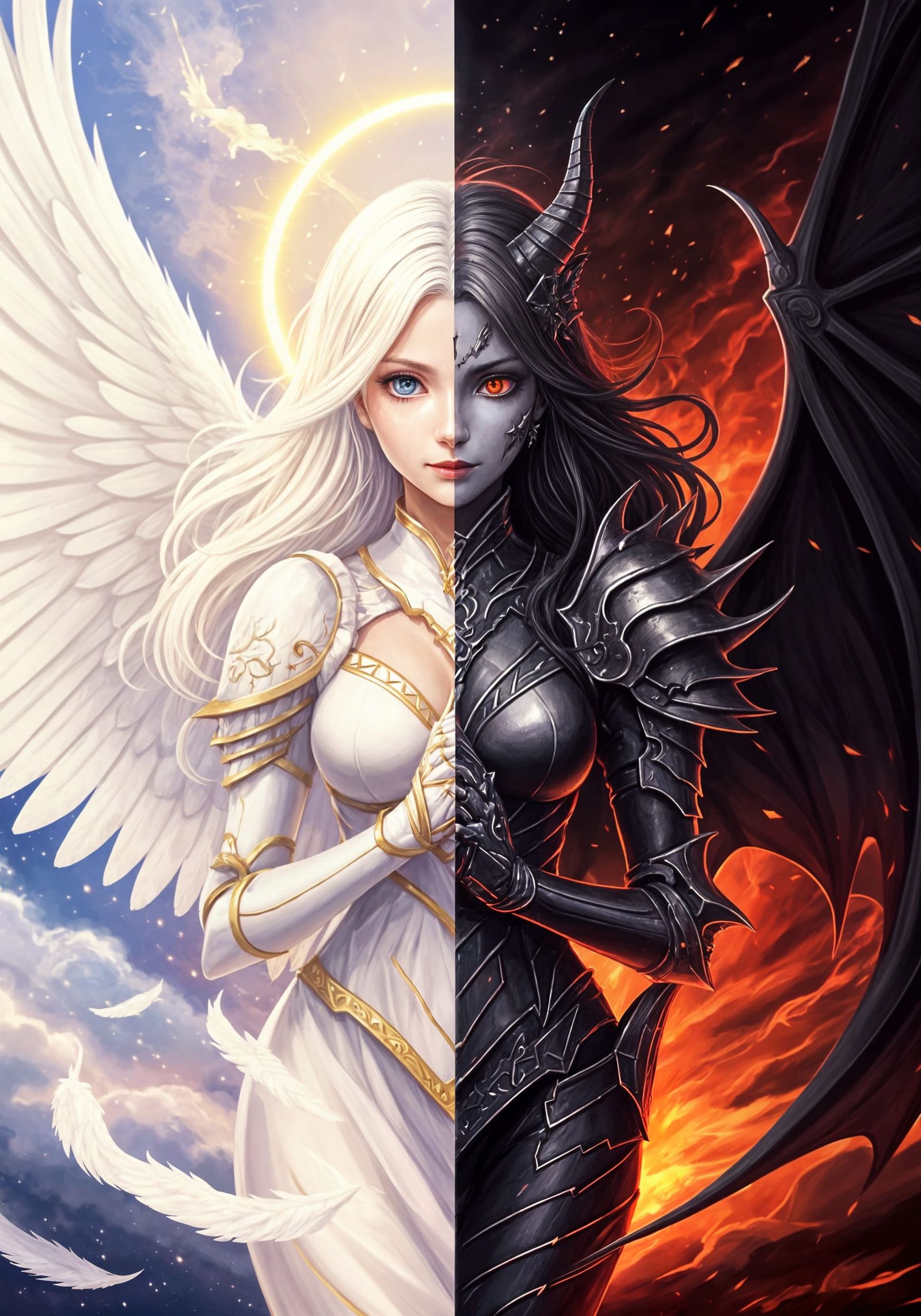 Duality Portrait: Angel and Demon Girl in Anime Style