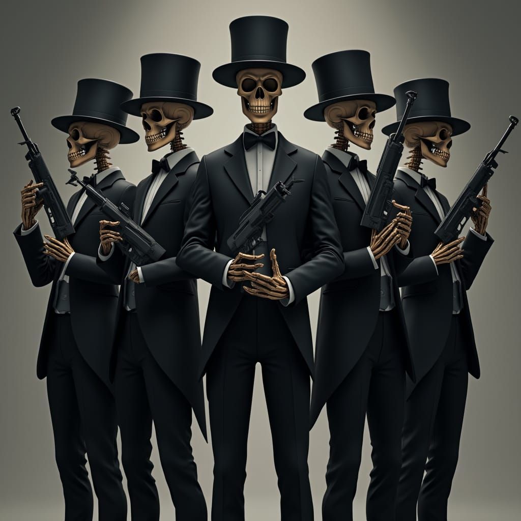Skeletal Figures in Tuxedos Unite in Anime-Inspired Group Po...