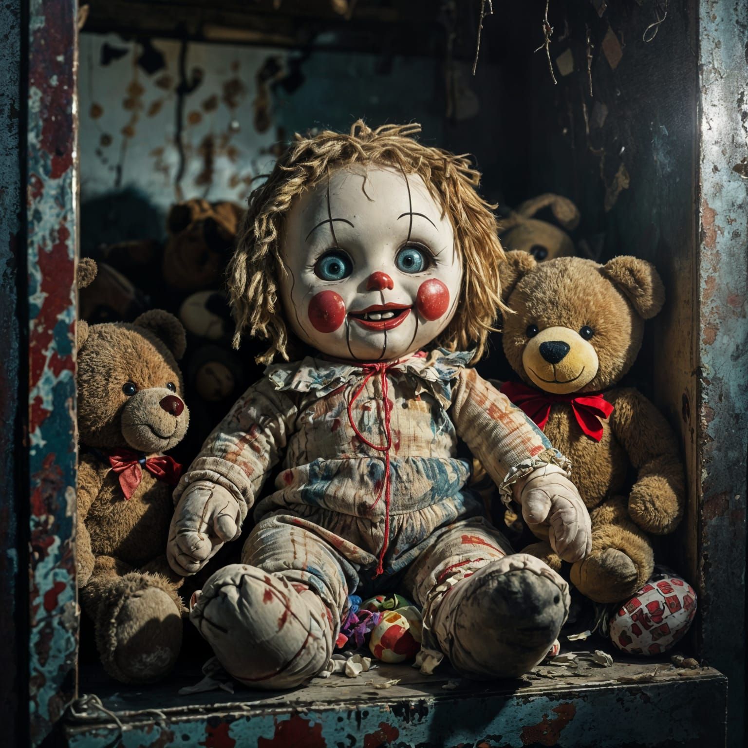 Malevolent Rag Doll in Dimly Lit Carnival Booth