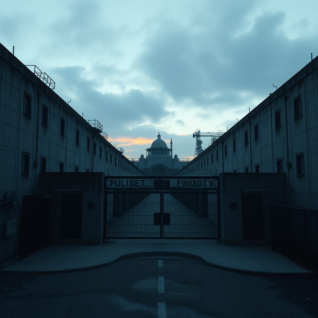 Dystopian Prison Cityscape at Dusk, in a Brutalist Cinematic...