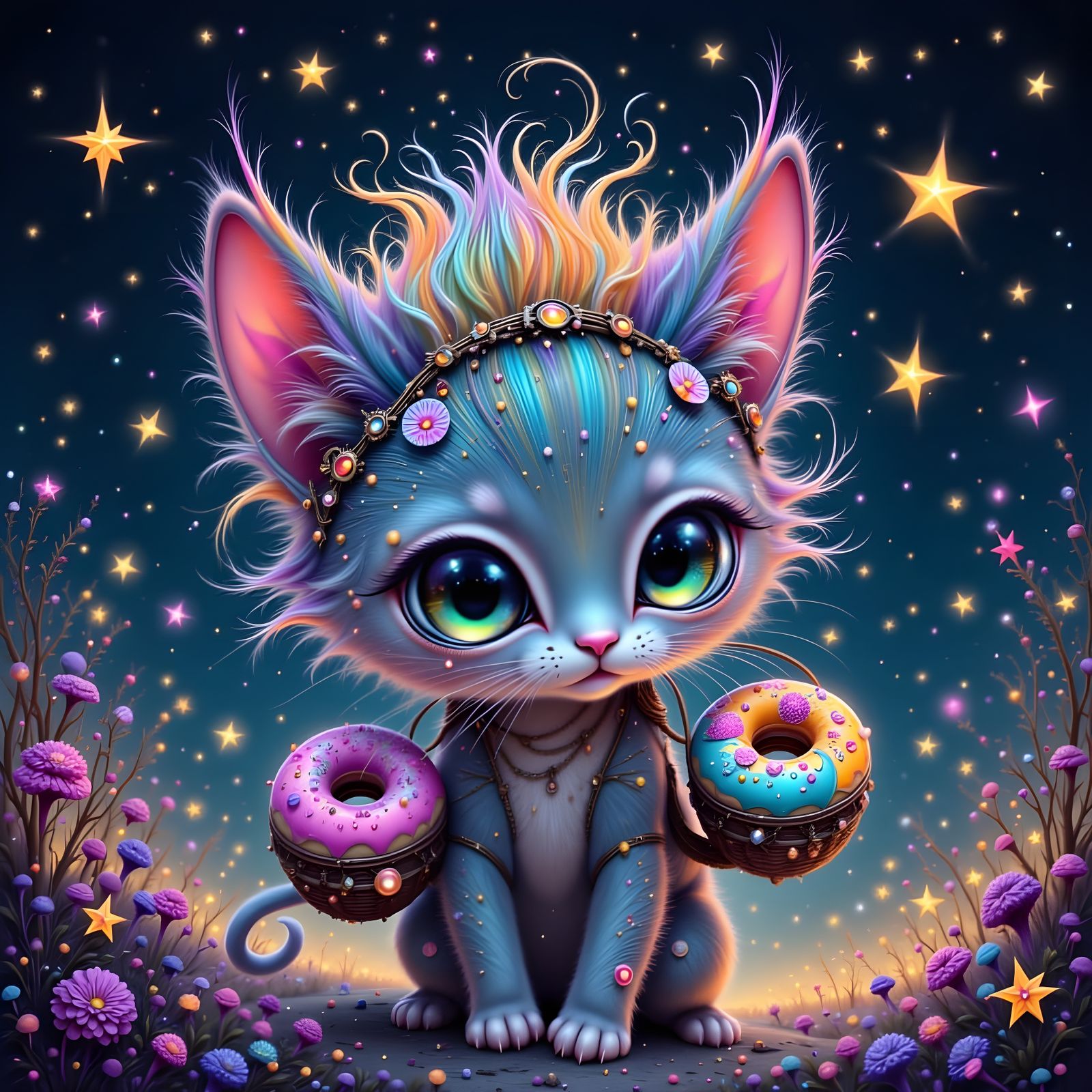 Happy Kitten Delivers Donuts with Neon Accents