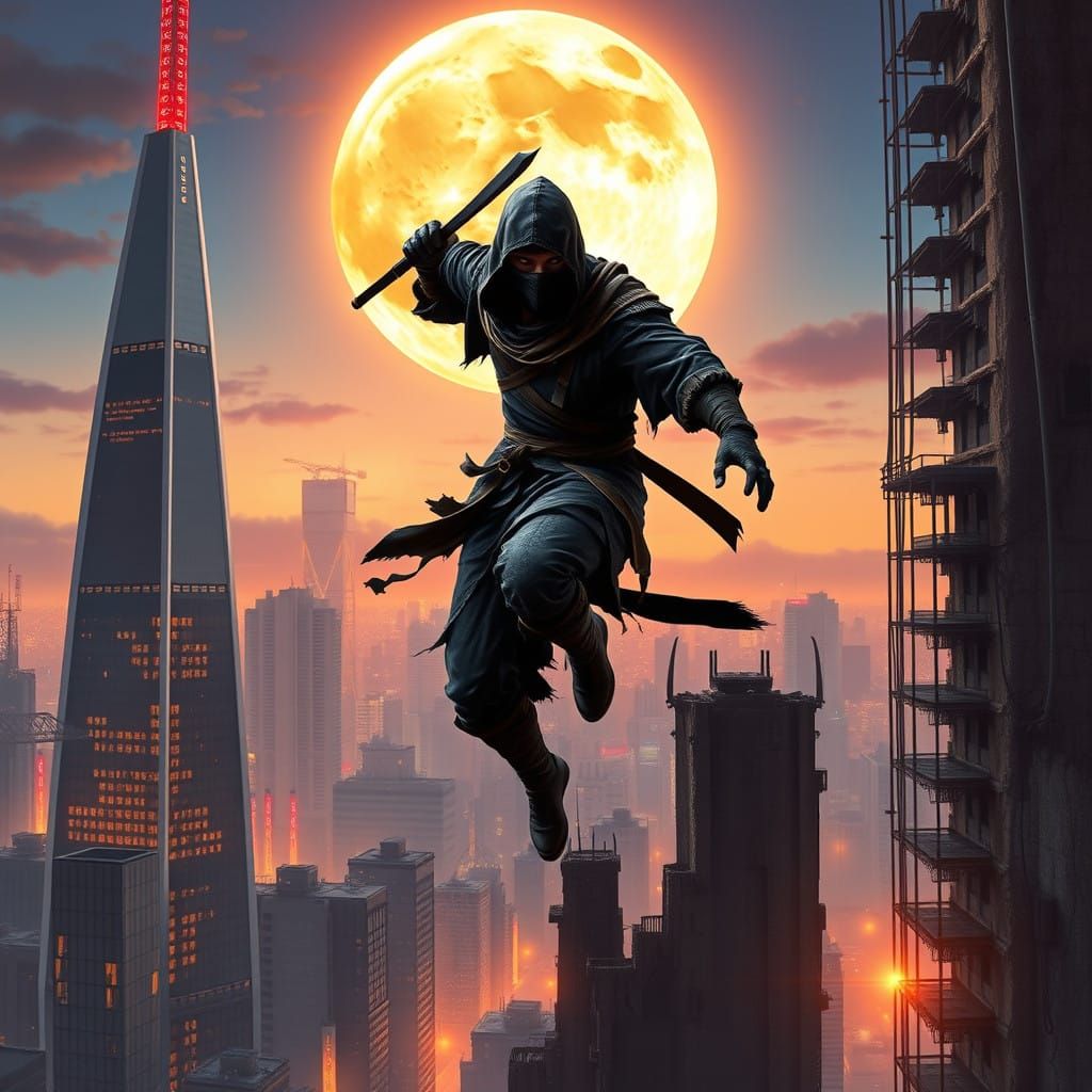 Stealthy Warrior Leaps Across Futuristic Tokyo at Dusk