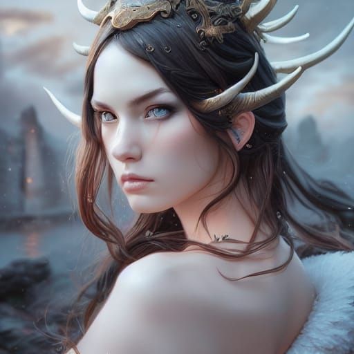 Elegant Goddess with Horns: Digital Art Illustration