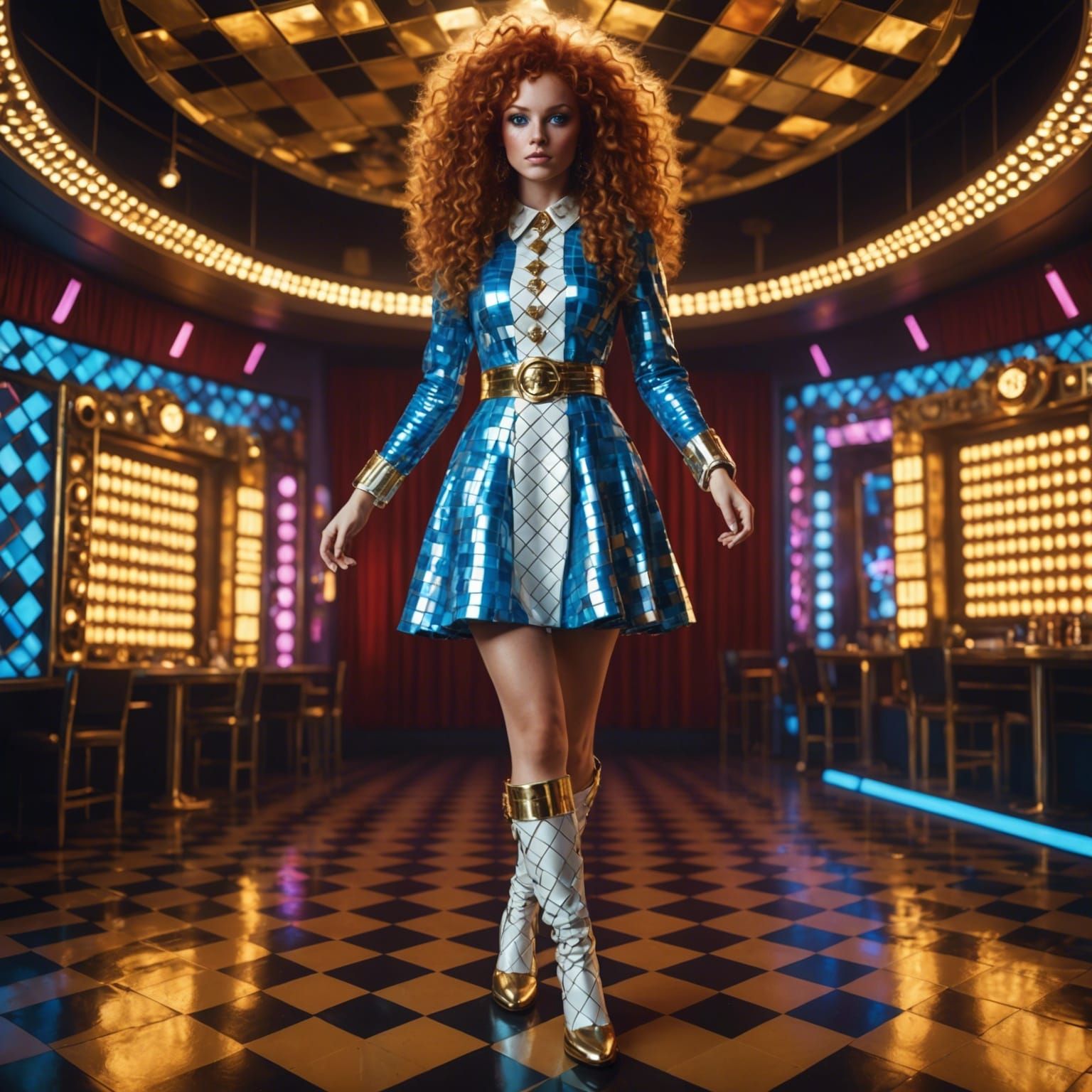 1970s Woman in Checkerboard Dress at Disco