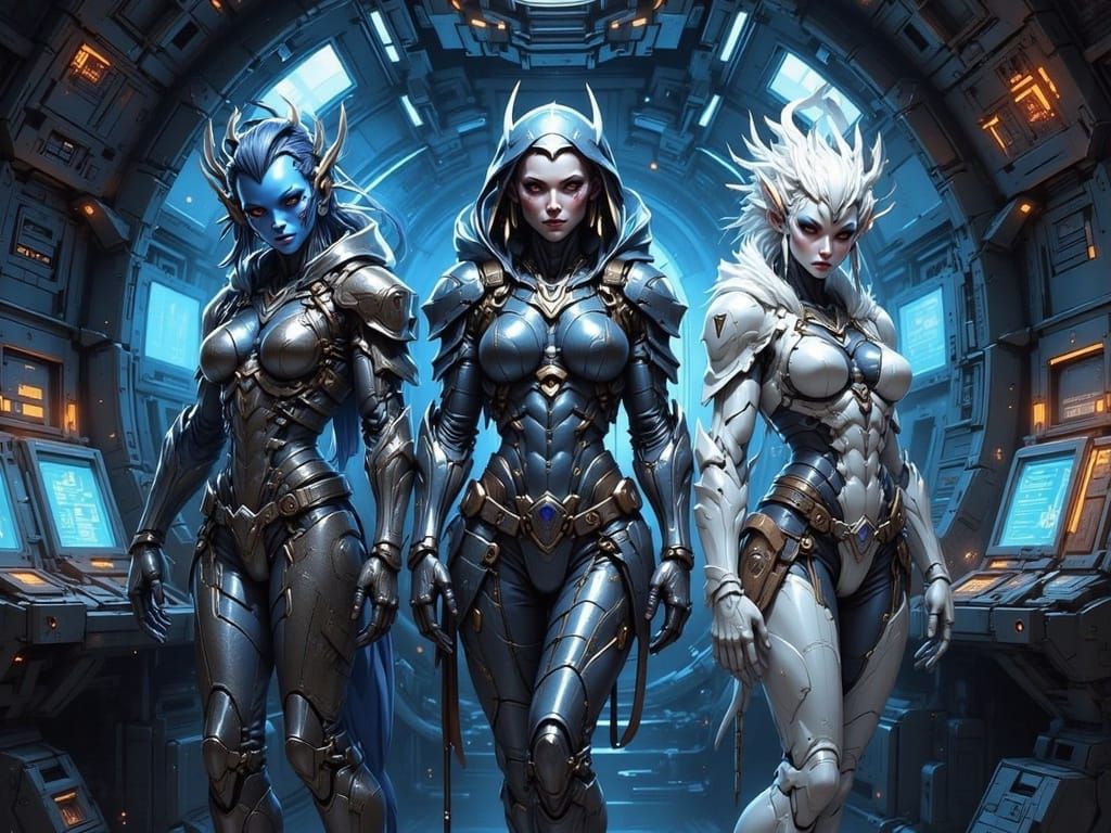 Alien Crew in Cyberpunk Spaceship Cockpit