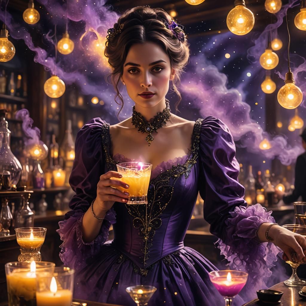 Surreal Victorian Woman with Starry Night Drink