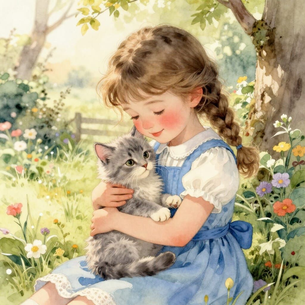 Girl Hugs Kitten in Beatrix Potter Storybook Style