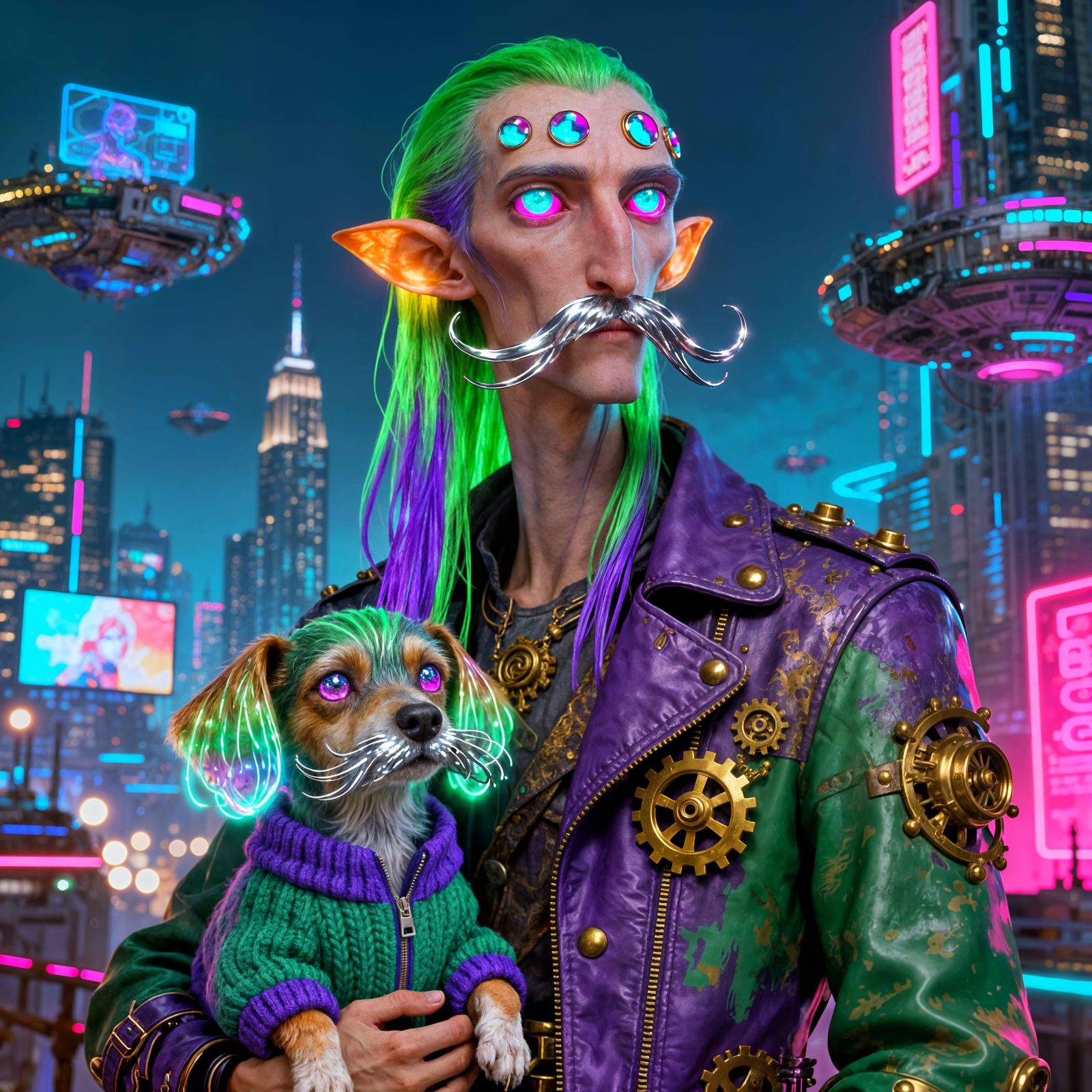 Steampunk Man and Creature in Futuristic City