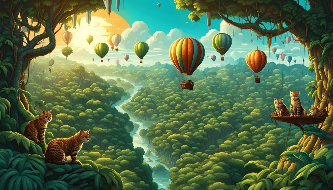 Jungle Cats Picnic in Hot Air Balloon