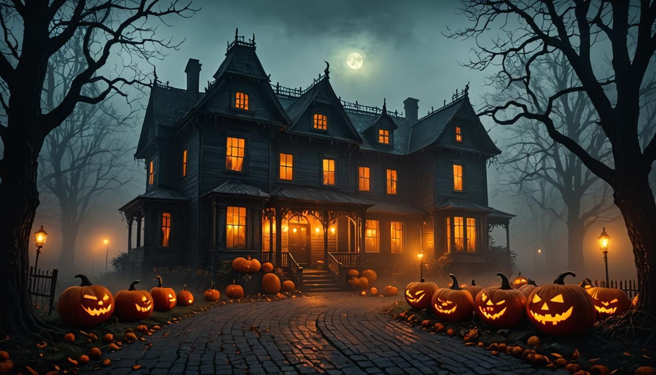 Eerie Haunted House with Glowing Pumpkins in Fog