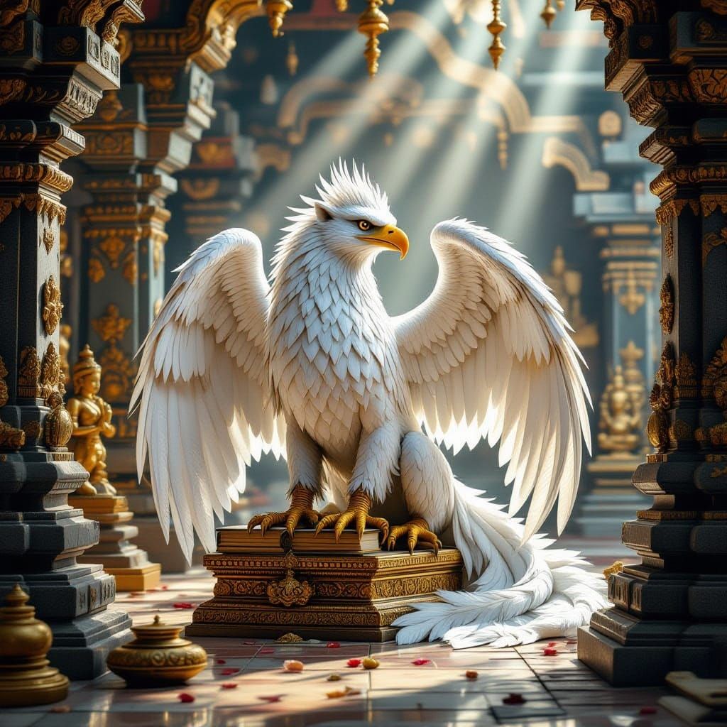 Majestic White Griffin in Sacred Hindu Temple
