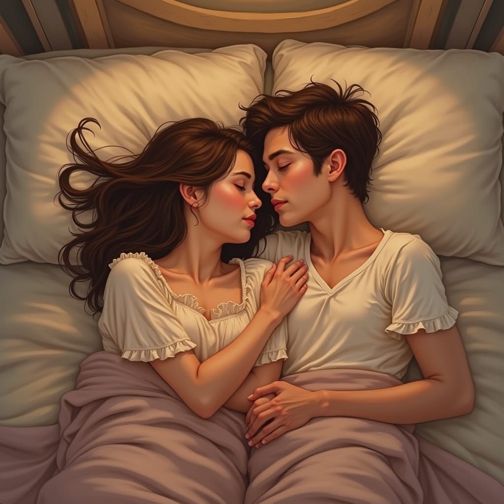 Romantic Couple Cuddling in Bed in Semi-Realistic Style