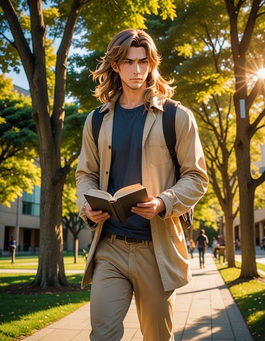 Handsome Anime Man Reads Book While Walking at University