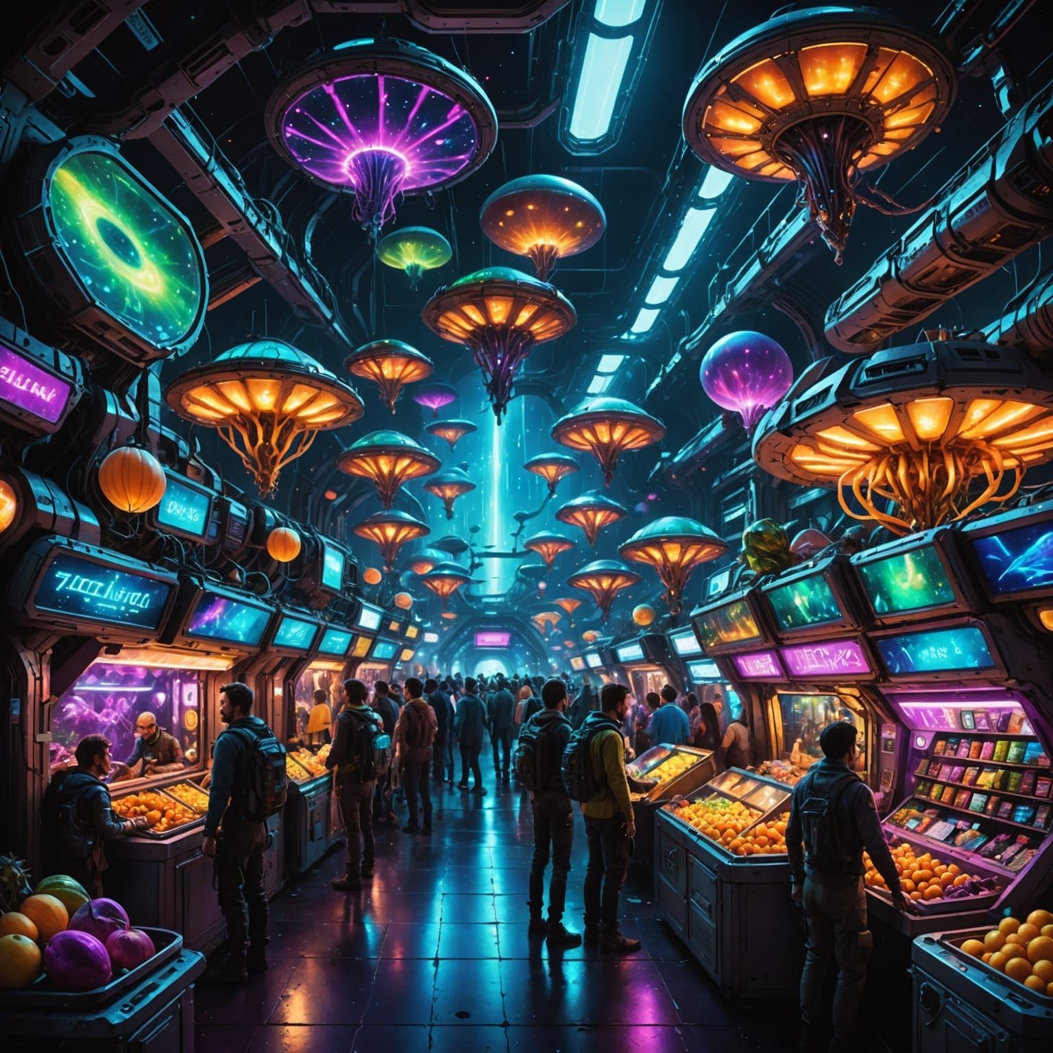 Chaotic Alien Marketplace on Neon-Lit Space Station