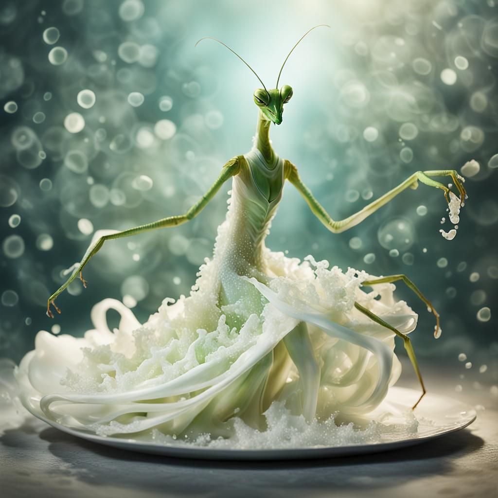 Elegant Mantis in Fluid Milk Gown