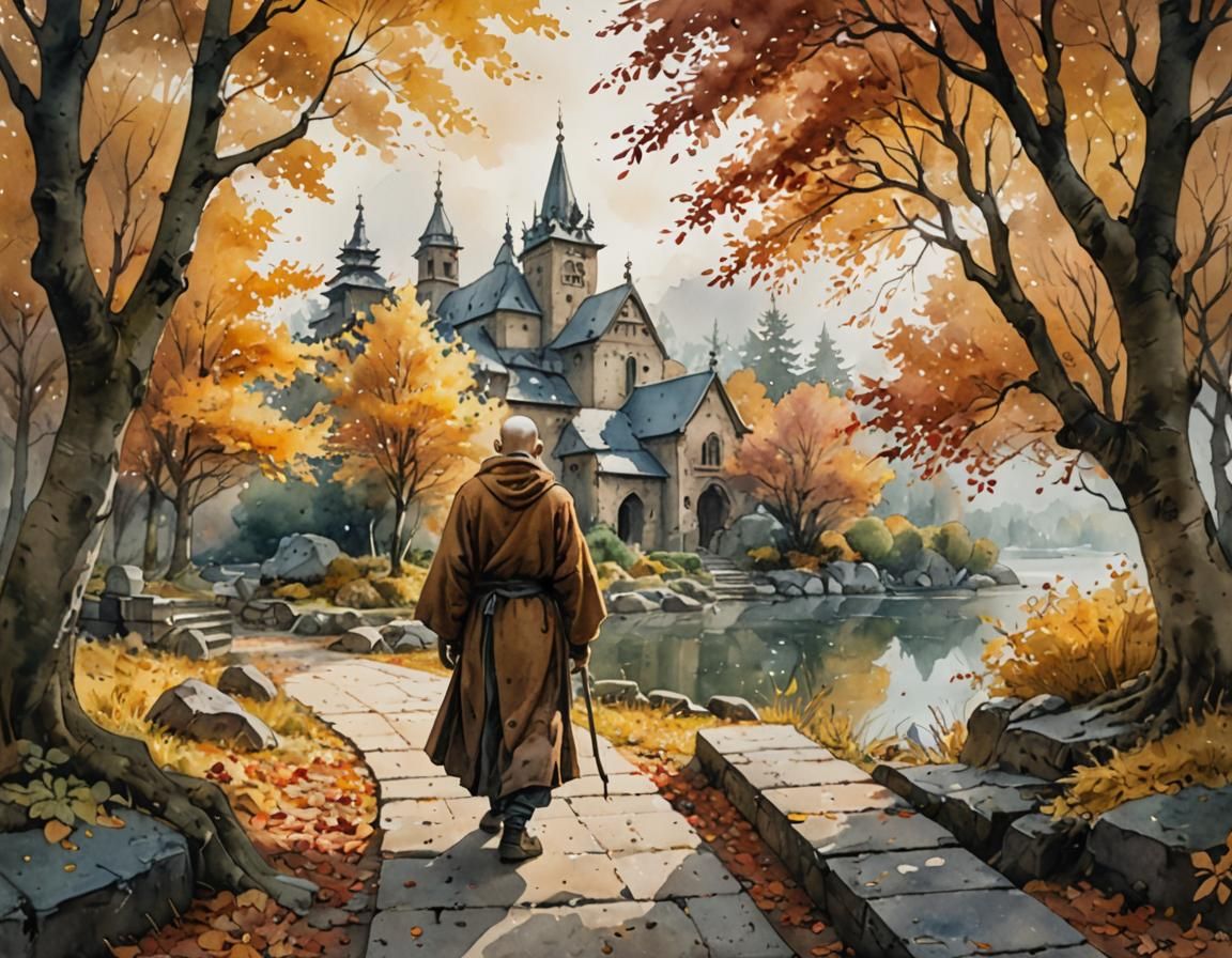 Monk in Autumn Monastery: Watercolor and Ink Art