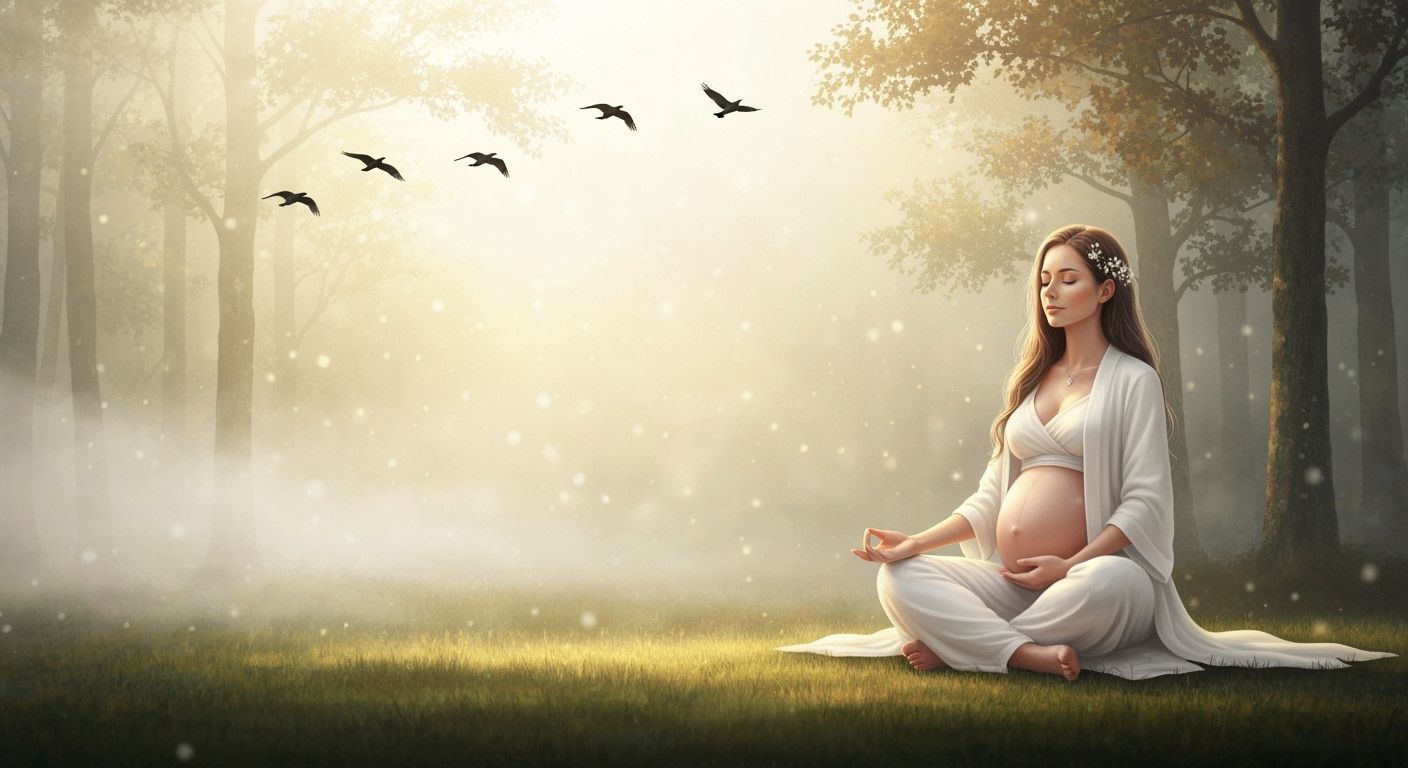 Pregnant Woman Meditating in Misty Forest
