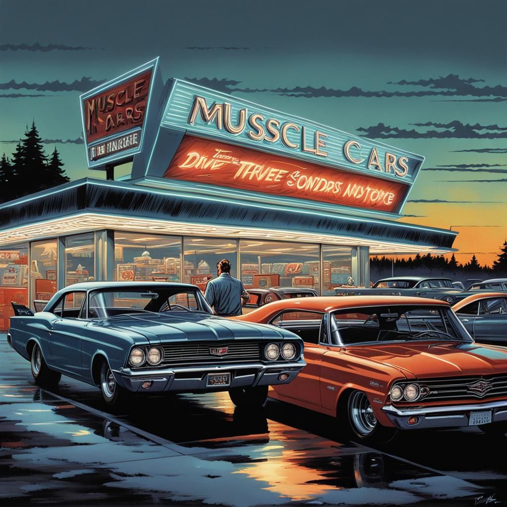 1960s Muscle Cars at Drive-In Movie, Comic Book Art