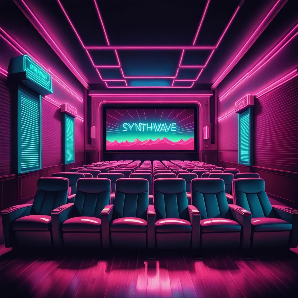 Synthwave Neon Movie Theater in Retro Style
