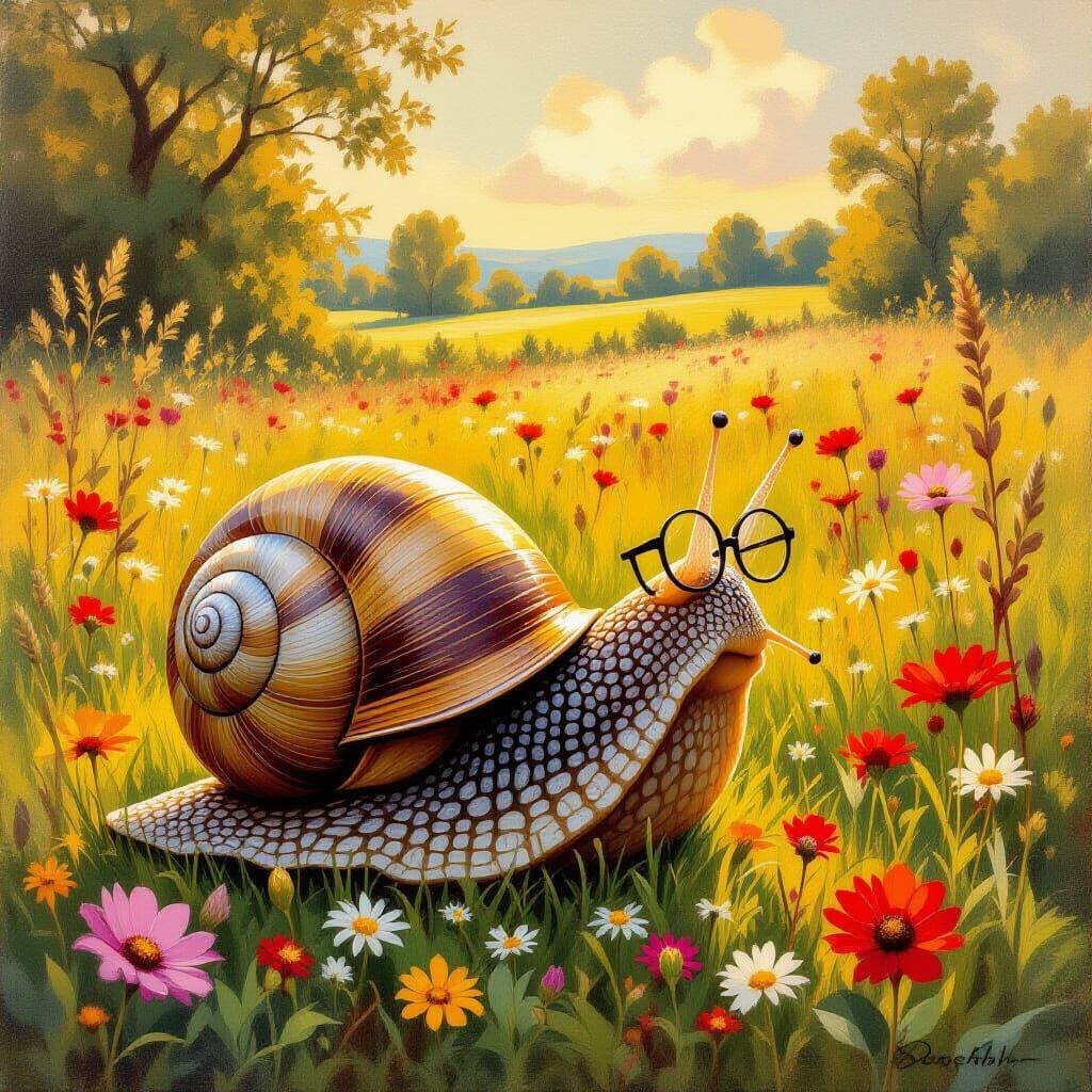 Wise Snail Contemplating Mysteries in Vibrant Meadow