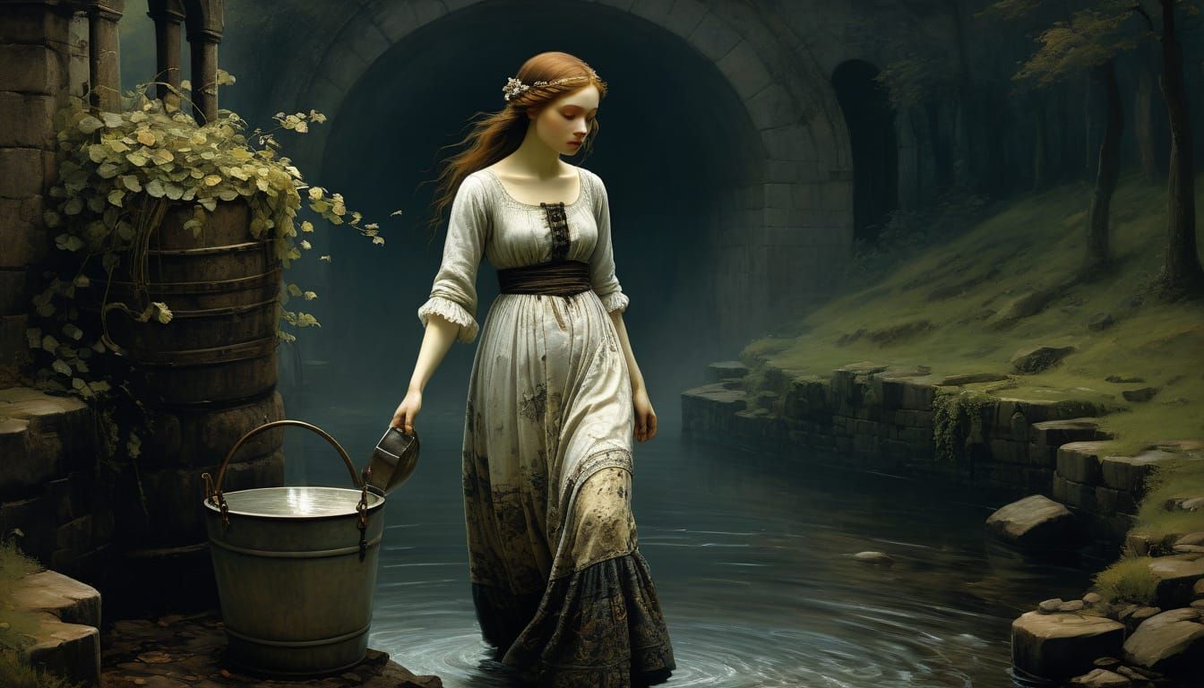 Ethereal Woman in Lace Dress Carrying Pail in a Village Sett...