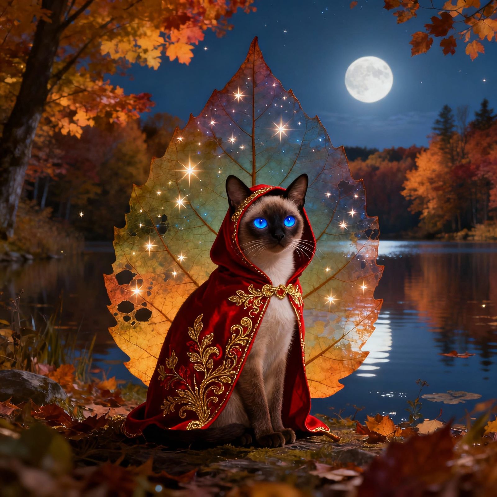 Magical Cat Silhouette in Enchanted Fall Landscape Under Moo...