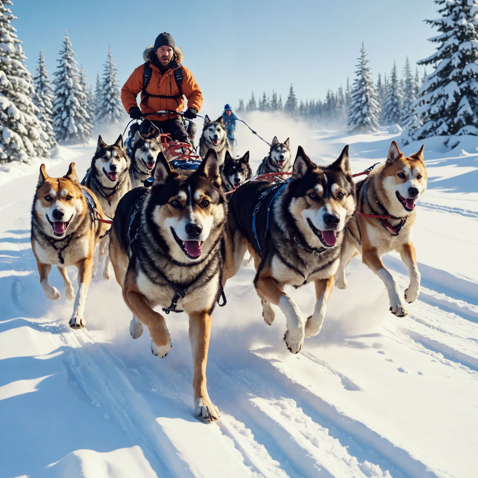 8 Dogs Racing in Perfect Formation with their Musher in Hype...