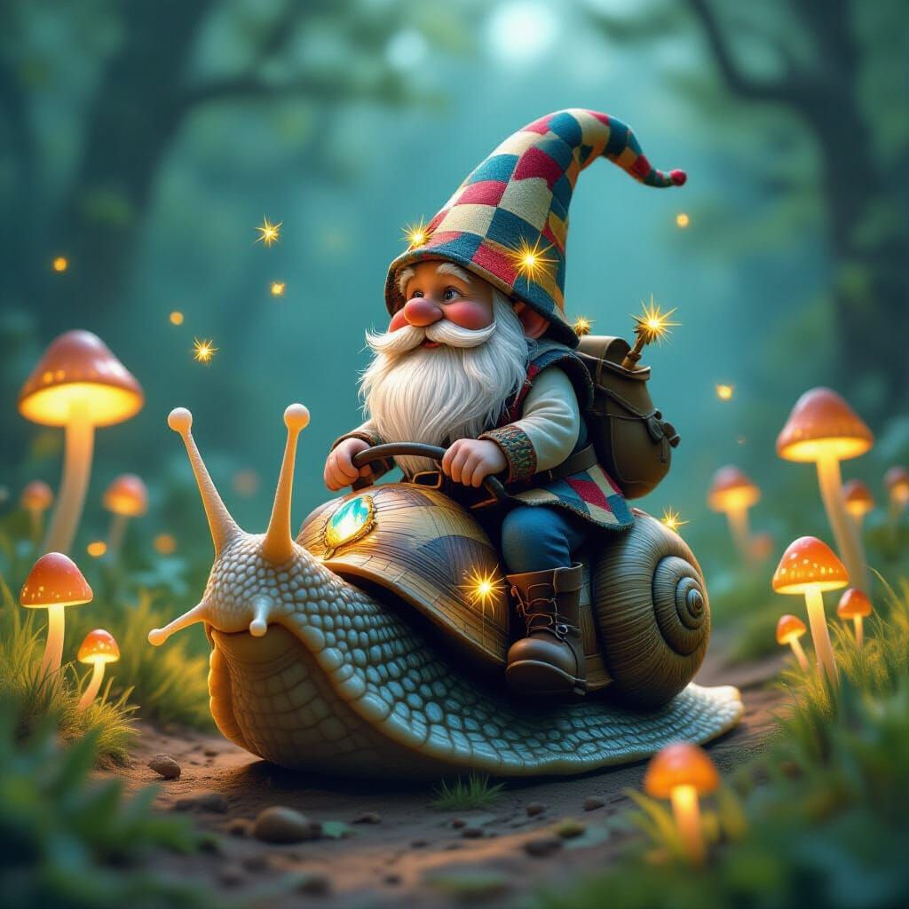 Gnome Rides Snail Through Glowing Mushroom Field