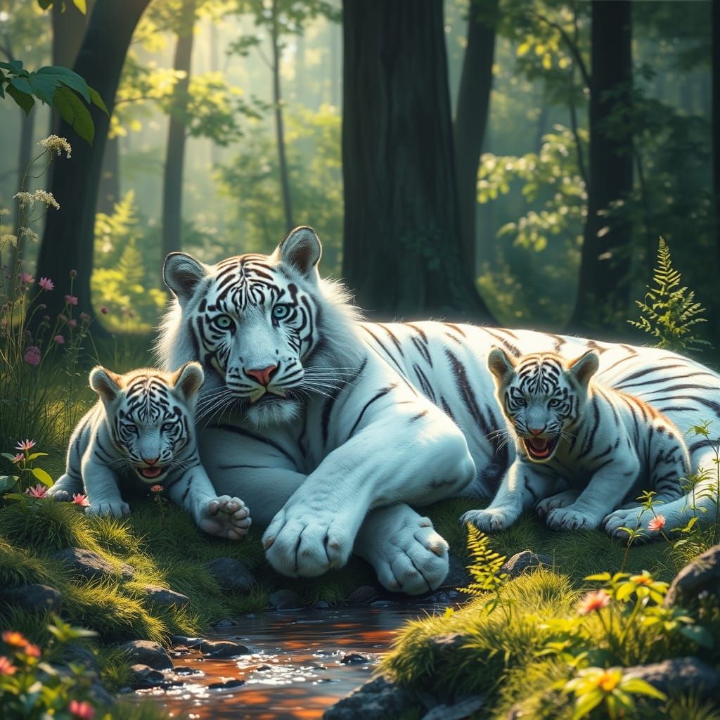 Loving White Tiger Family in Lush Forest