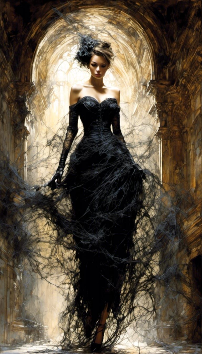 Spider Web Dress in Gothic Castle: Digital Art