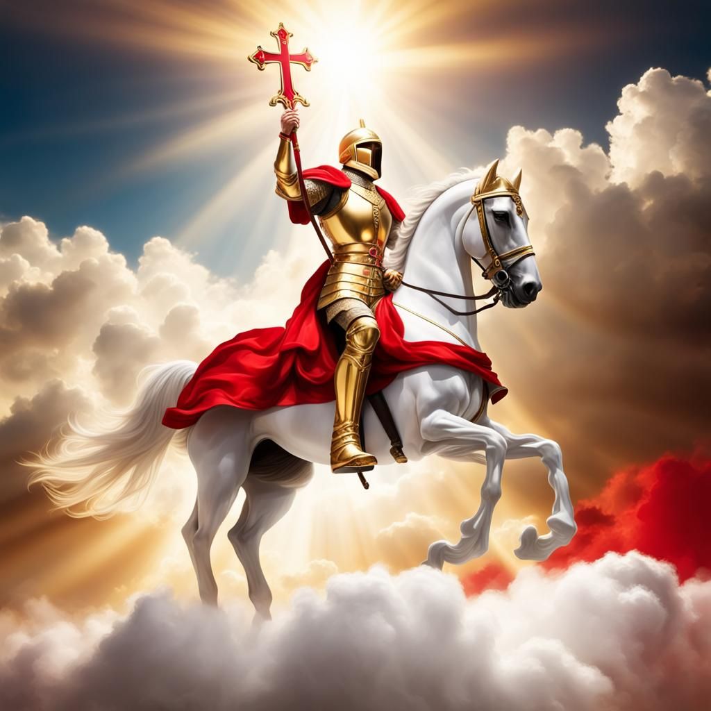 Golden Knight on White Charger in Sunlight