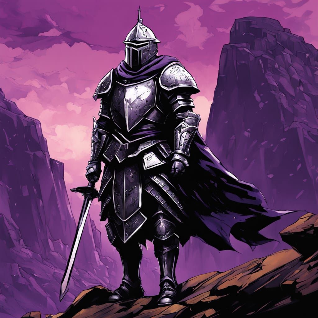 Armored Knight on Barren Mountain Under Stormy Sky