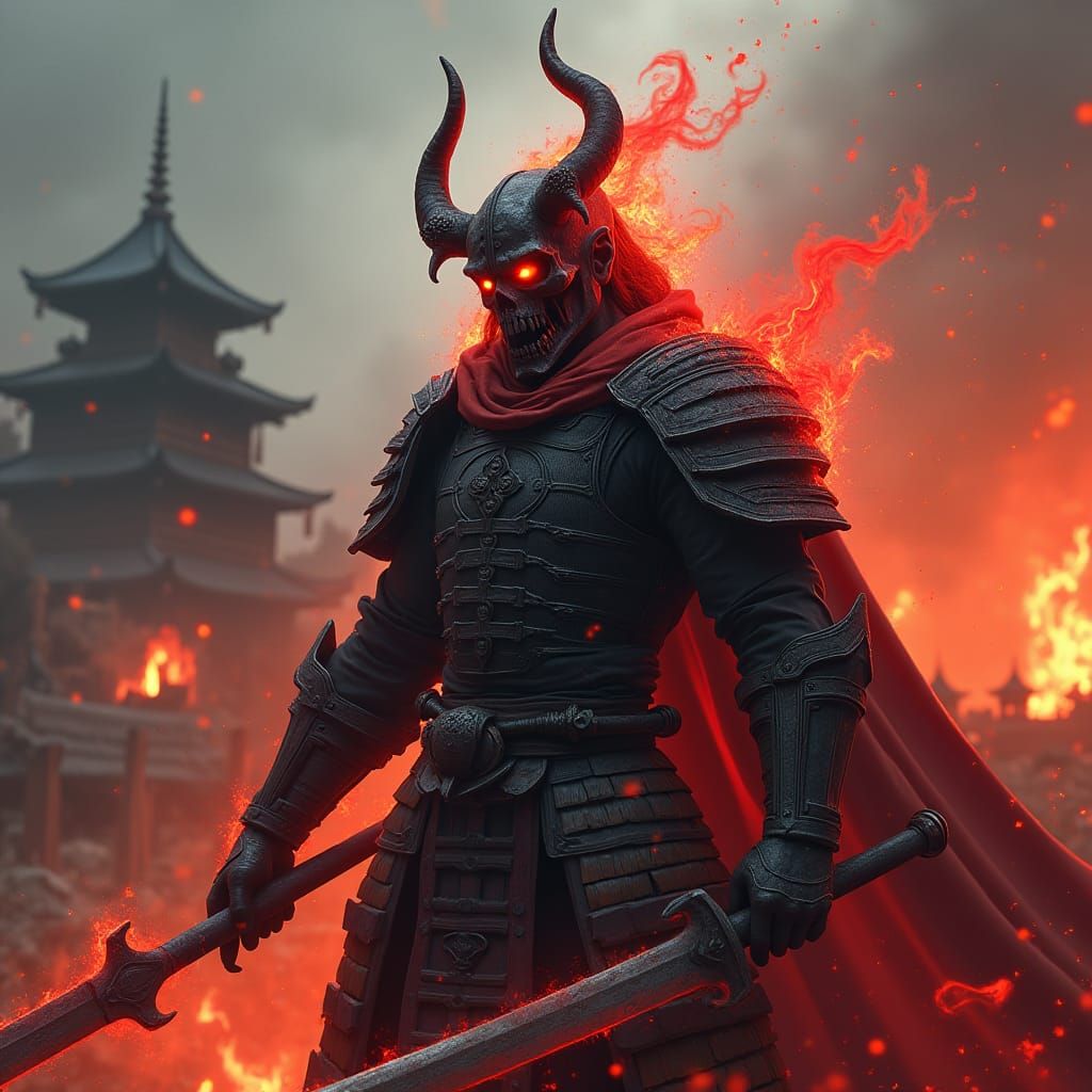Ghost Samurai Necromancer in Burning Village, Fantasy Art