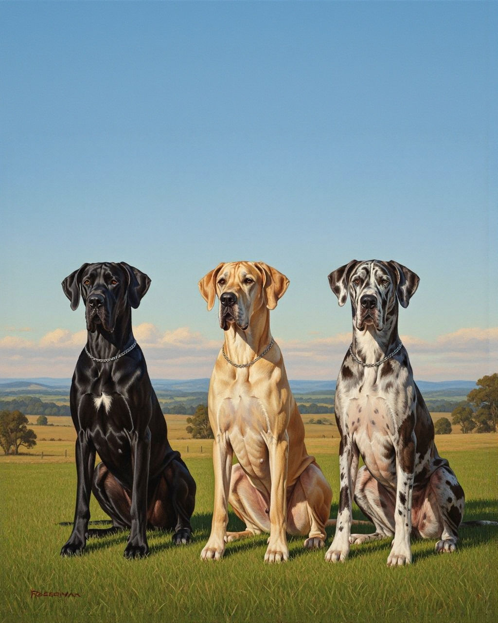 Three Great Danes in a Sunny Paddock