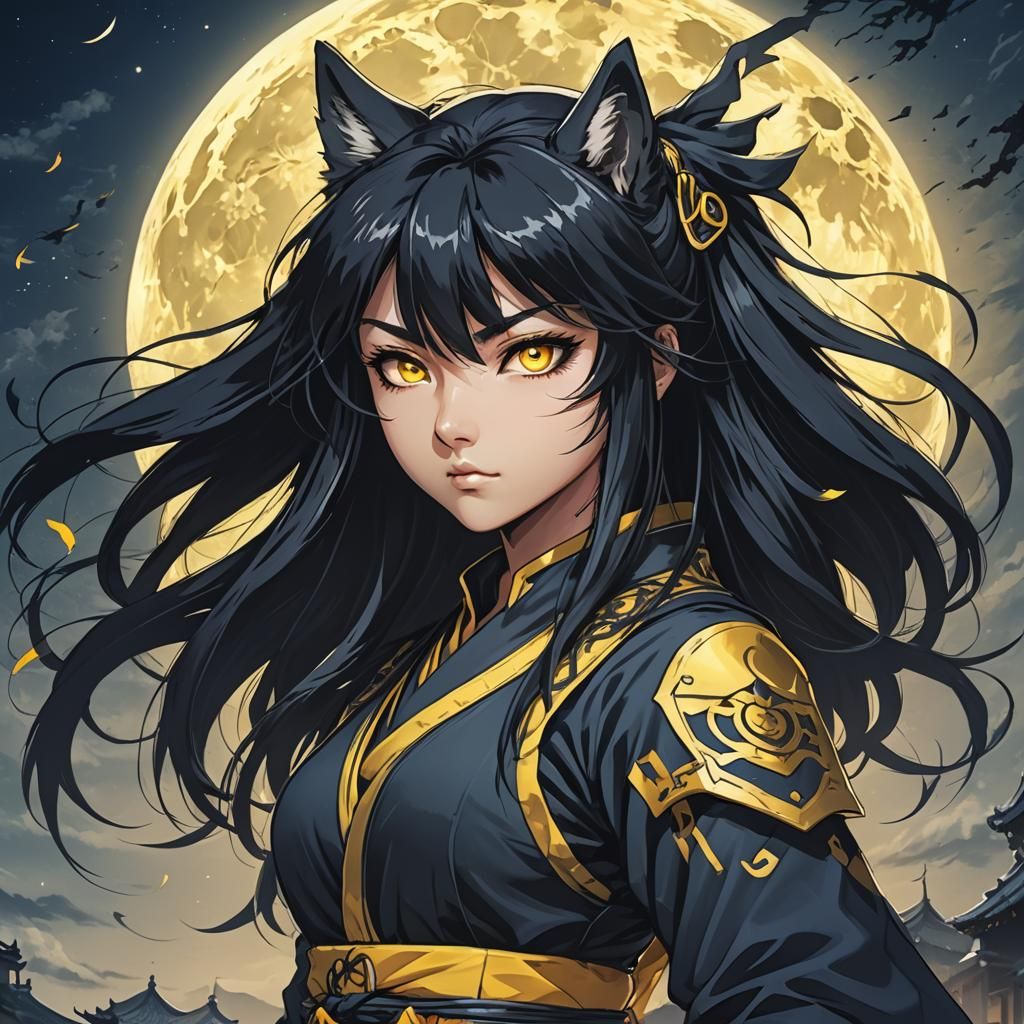 Anime Ninja with Wolf Eyes Under the Moon