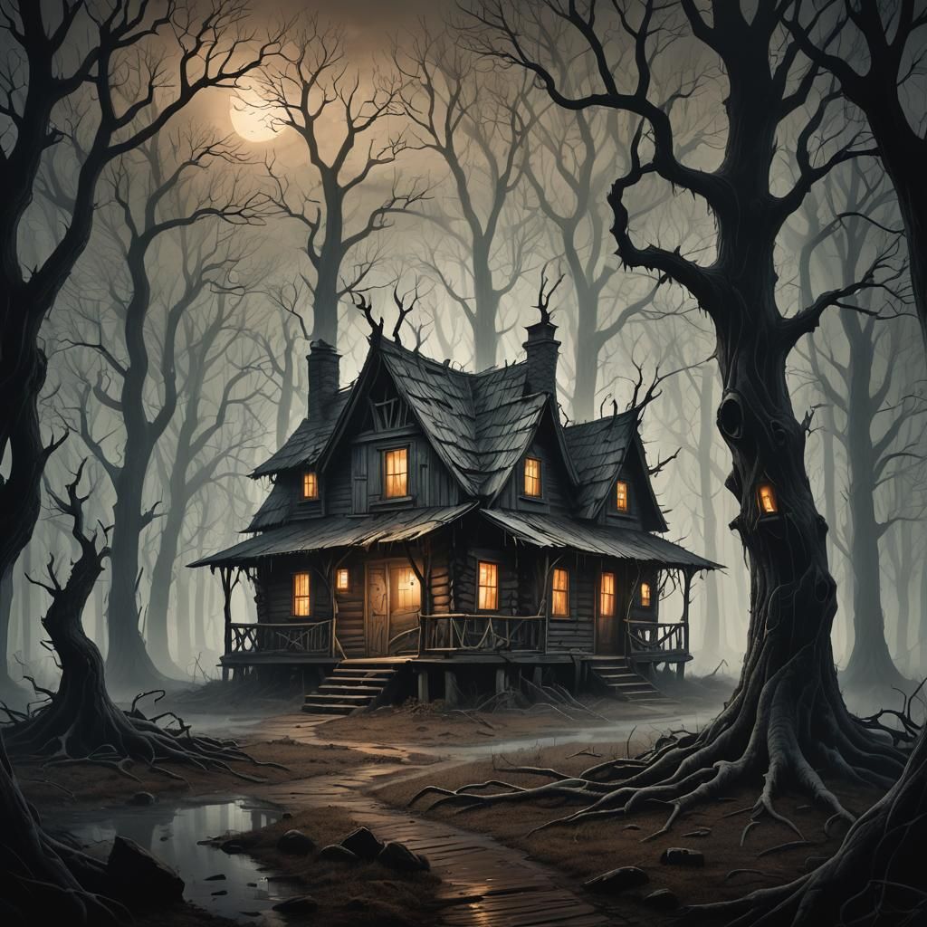 Eerie Cabin in Misty Forest: Dark Fantasy Illustration
