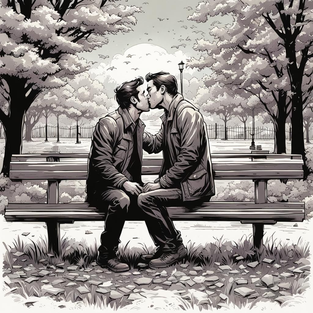 Men Kissing in Park: Comic Book Style Art