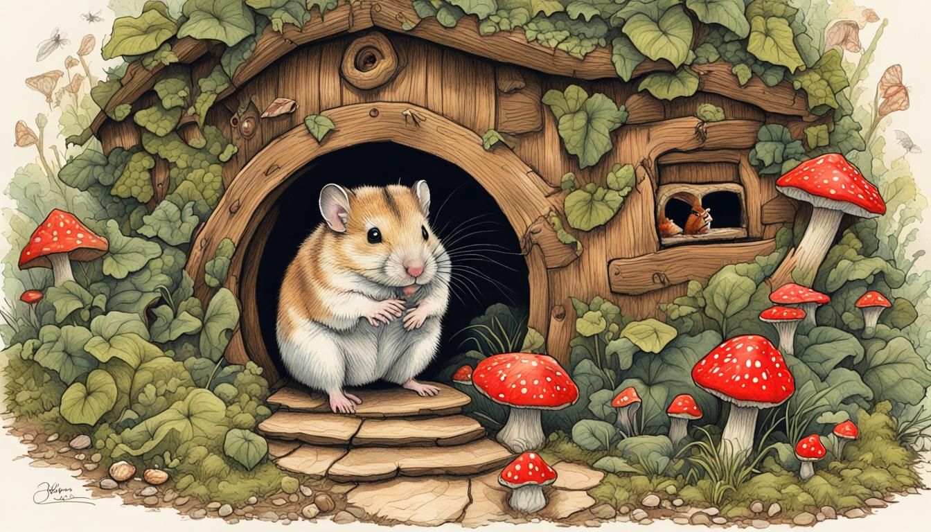 Hamster's Hobbit Home: A Hyperrealistic, Colorful Scene