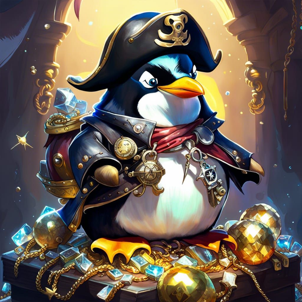 Pirate Penguin on Treasure Pile, Digital Art