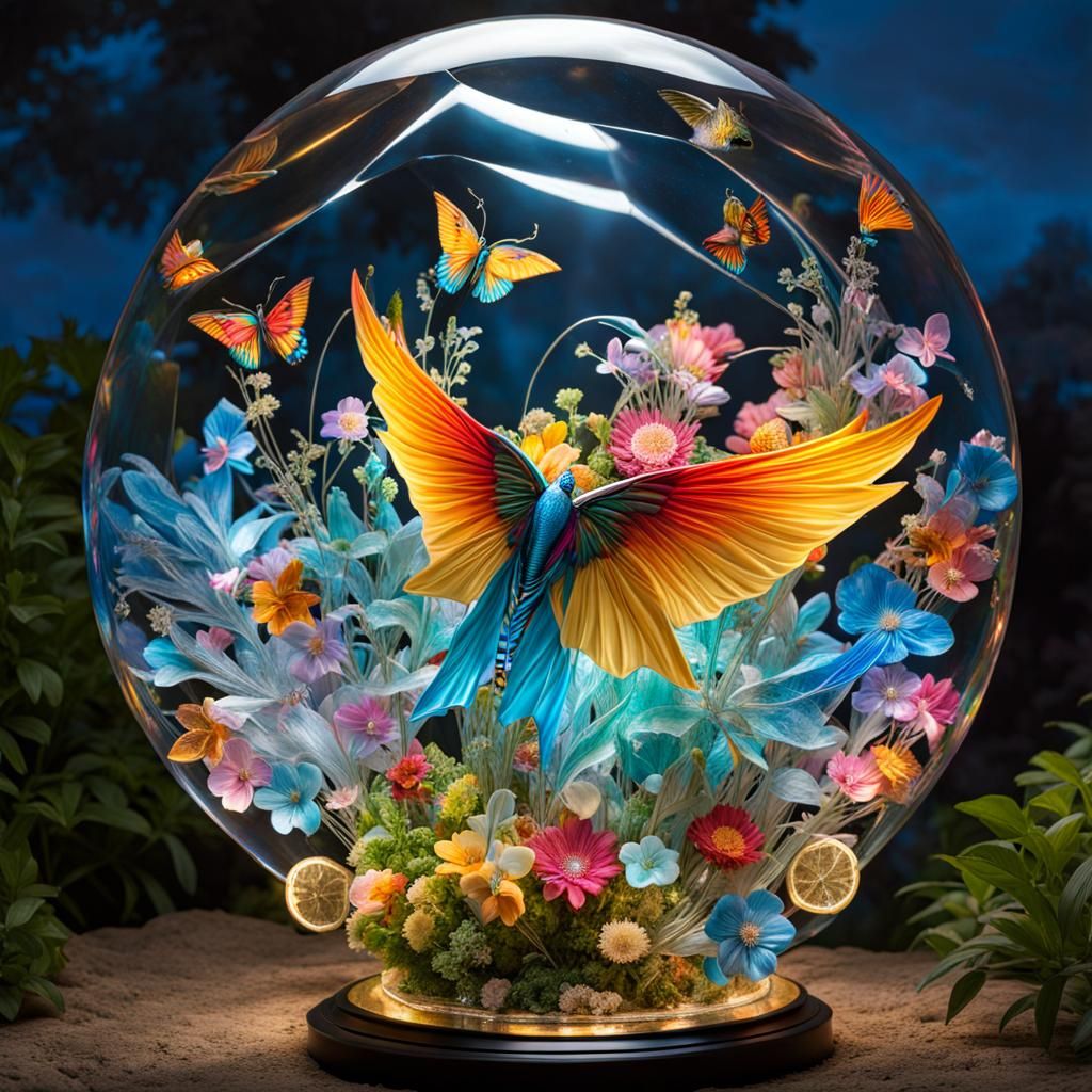 Bioluminescent Crystal Kite in Glass Bottle: Hyperreal Art