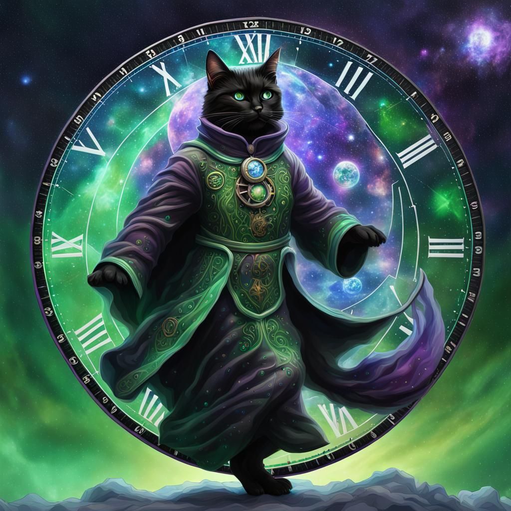 Astral Cat Farmer Wizard Casting Clock-Bending Magic