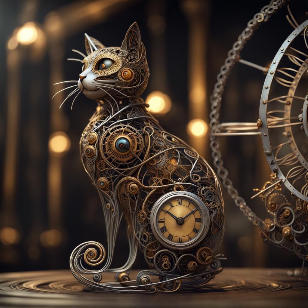 Steampunk Cat Sculpture in Gold, Silver, and Metal