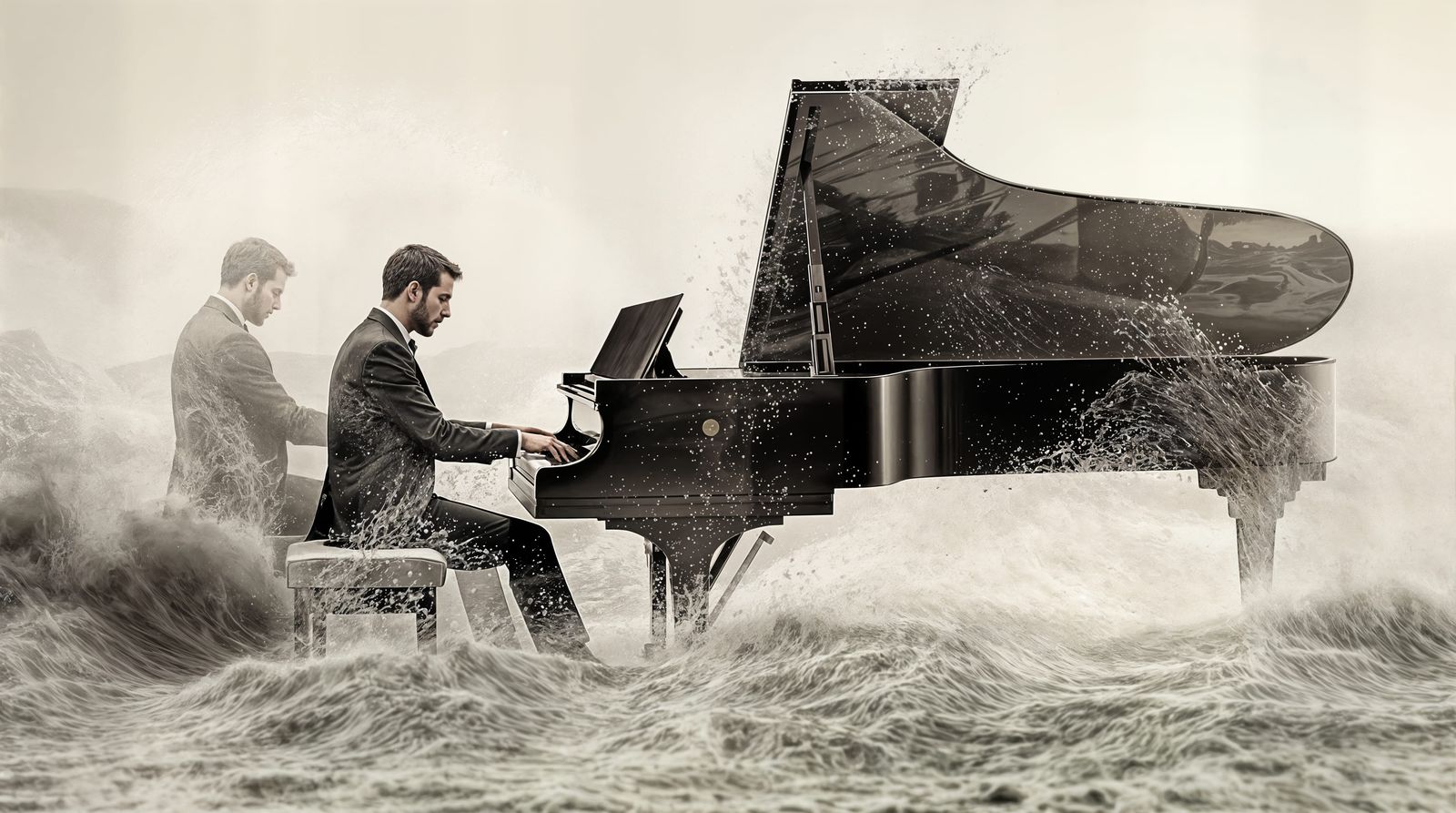 Pianist Plays on a Submerged Grand Piano in Turbulent Ocean
