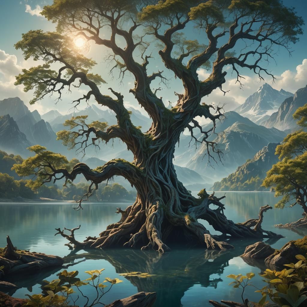 Ancient Tree by Serene Lake: Fantasy Matte Painting