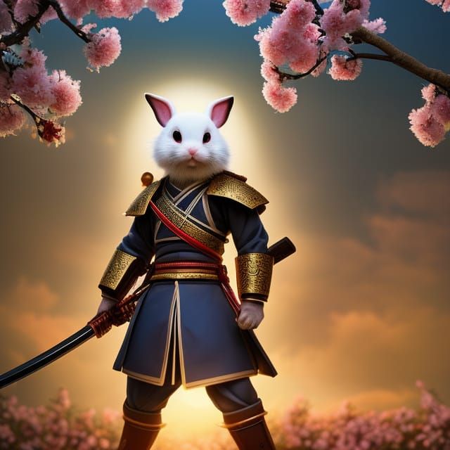 Cute Rabbit Samurai Warrior in Cherry Blossom