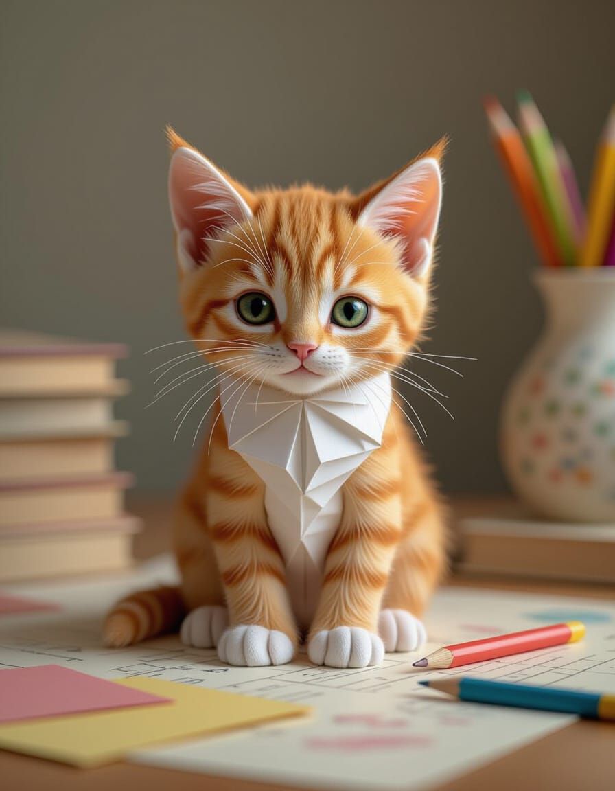 Adorable Ginger Kitten Origami Papercraft, 8K Soft Focus