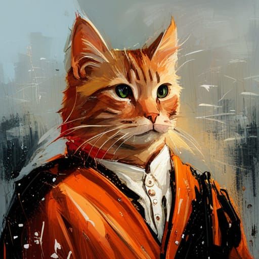 Orange Cat Wizard in Snow, Digital Oil Painting